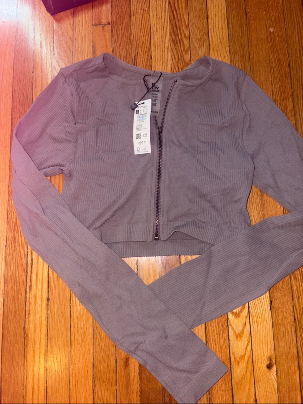 Garage Mauve Ribbed Long Sleeve Zip Front Crop Top